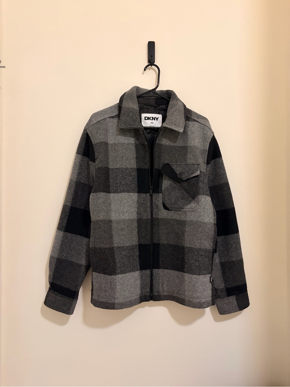 DKNY Men’s Black and Gray Buffalo Plaid Zip-Up Jacket